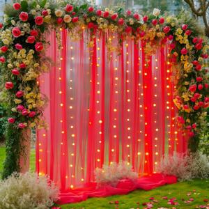 1010ft Red Tulle Backdrop Curtain with Lights String for Parites, Sheer Photo Backdrop Curtains for Wedding Party Photography Background