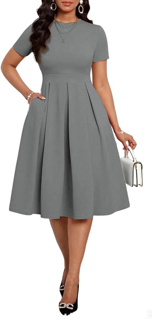 WUSENST Church Dress for Women Short Sleeve A Line Elegant Midi Dresses Wedding Cocktail Tea Party Evening Dress (Gray, L)