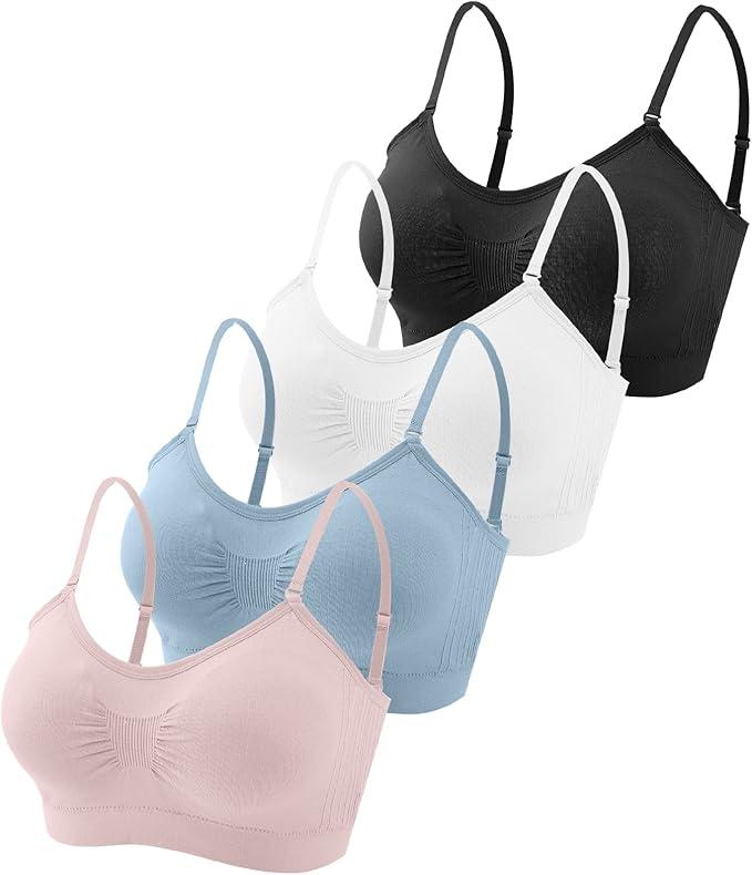 Omisy 4 Pieces V Neck Padded Bralette Cami Bra Wireless Tank Top Sports Bra with Adjustable Straps, Size S-M