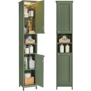 VASAGLE Tall Bathroom Cabinet with Lights, Slim Freestanding Bathroom Storage Cabinet with Adjustable Shelves, for Small Spaces, Modern, 11.8 Inches Wide, Forest Green UBBC566C01 (11.8"W)