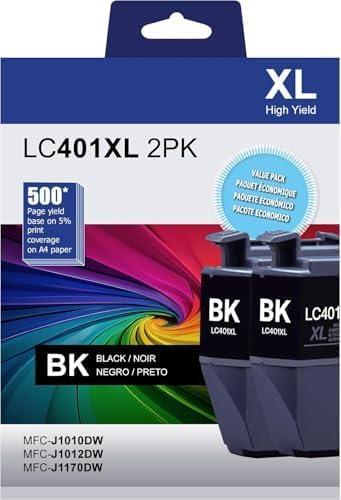LC401XL Black Ink Cartridge 2-Pack, High Yield LC401 Black Ink Replacement Compatible with Brother MFC-J1010DW, MFC-J1012DW, MFC-J1170DW Printers