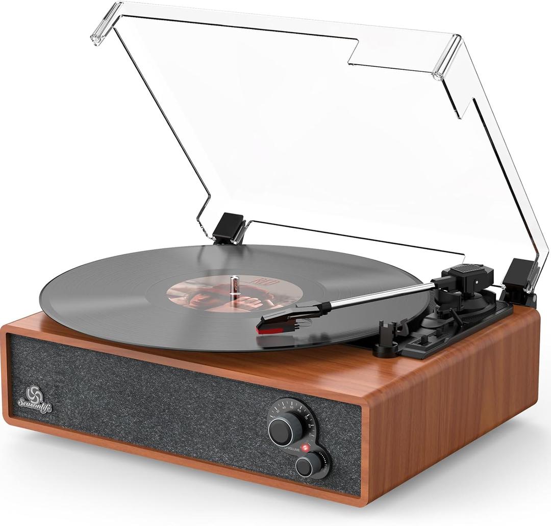Record Player Builtin Stereo Speakers Vintage Turntable for Vinyl Records LP Phonograph Auto Stop Tone Adjustment Belt Drive 3 Speed 3 Size Support Wireless Input RCA Output Retro Wooden Walnut