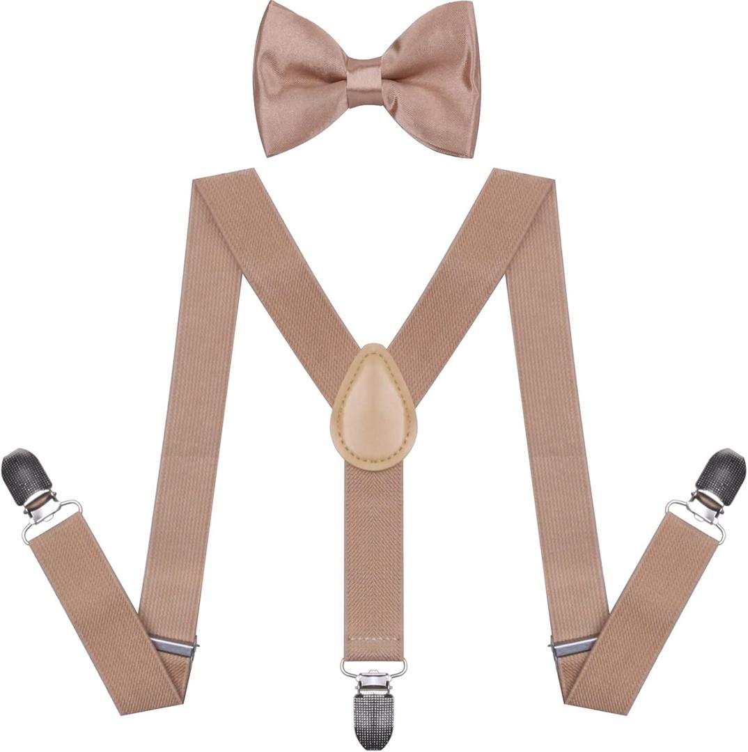 Kids Toddler Suspenders and Bow Tie for Boys - Adjustable Elastic Y-Back Design with Strong Metal Clips (24 inch (1 - 6 Old), Khaki)