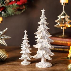 Pinkunn 2 Pcs White Christmas Tree Figurines Glitter Resin Christmas Tree Table Decorations Modern Decorative Xmas Trees Table Centerpiece for Holiday Mantel Indoor Home Decor