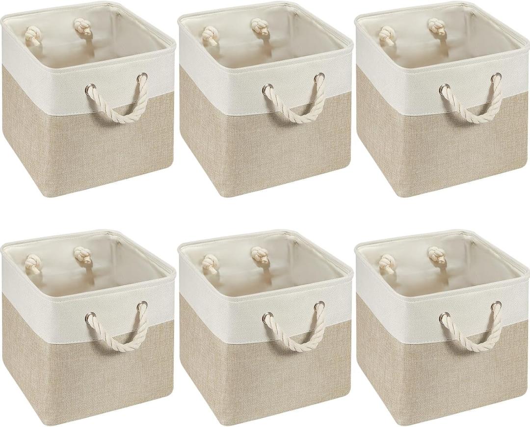 Geiserailie 6 Pcs 12 x 12 Inch Cube Storage Bins Fabric Storage Organizer Bins Foldable Cube Baskets with Sturdy Carry Handles Wicker Baskets for Home (White,Light Brown)