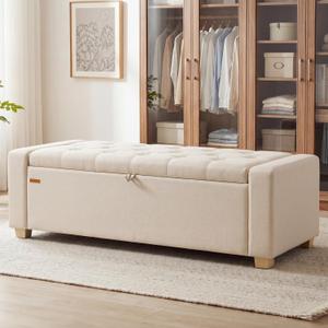 SONGMICS Storage Ottoman, Storage Chest Bench with Legs, End of Bed Bench with Safety Hinges, Pull Tab, for Living Room, Bedroom, 19.7 x 47.6 x 16.5 Inches, Linen-Look Fabric, Summer Sand ULOM511LF01