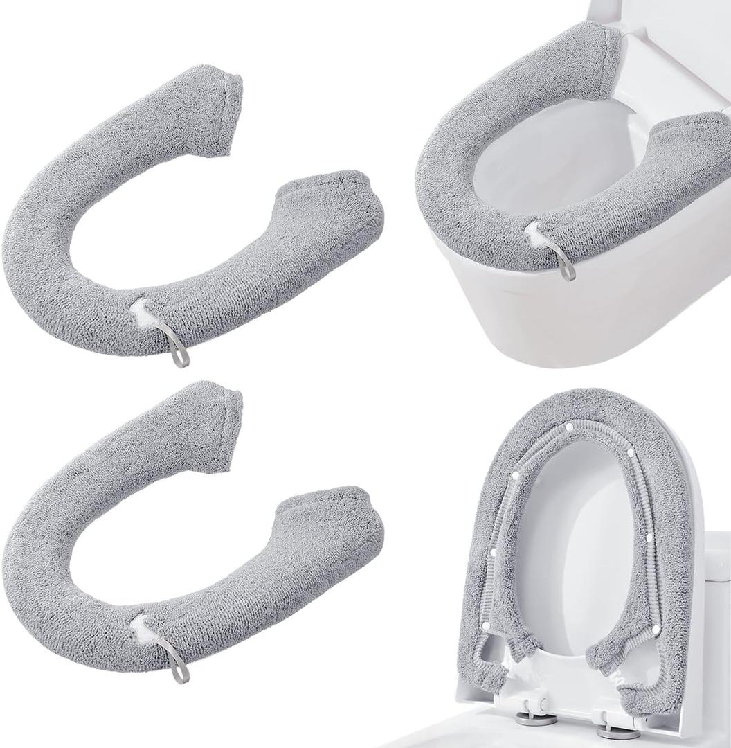 2 Packs Toilet Seat Cover, Plush Warm Bathroom Toilet Seat Cushion with Snaps Fixed Washable and Reusable Toilet Seat Lid Cover Pads, Fits Most Toilet Seats, Grey