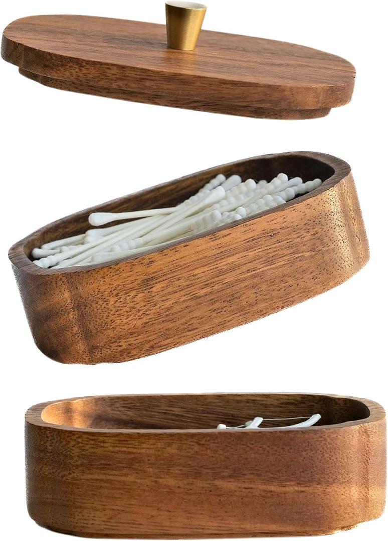 Acacia Wood Qtip Holder Bathroom Jars with Lids, Double-Layer Canisters for Cotton Ball/Round/Pads, Floss Pick Storage, Jars for Bathroom Countertop/Vanity Organizer, Home Decor, 4.72"L x 3.27"W x 2.95"H
