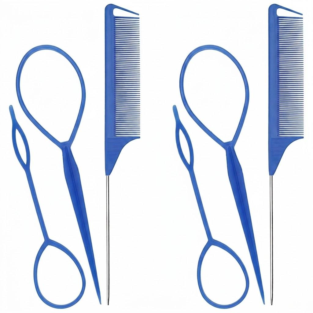 Hair Styling Tool Set - 6 Pack with French Braid Loops, Rat Tail Combs, and More for Versatile Hairstyles, Blue 3 Pack