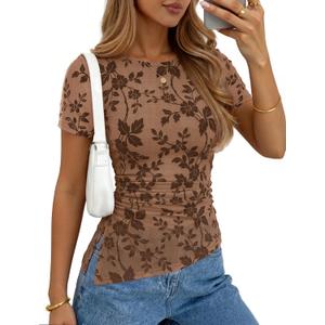 ZESICA Women's Summer Mesh Floral Short Sleeve Fitted Tops | Crewneck, Asymmetrical Hem, Ruched Waist, 2026 Fashion Going Out Tee Shirts, Casual Party Date Night Blouses, Y2K Clothes (Brown, S)