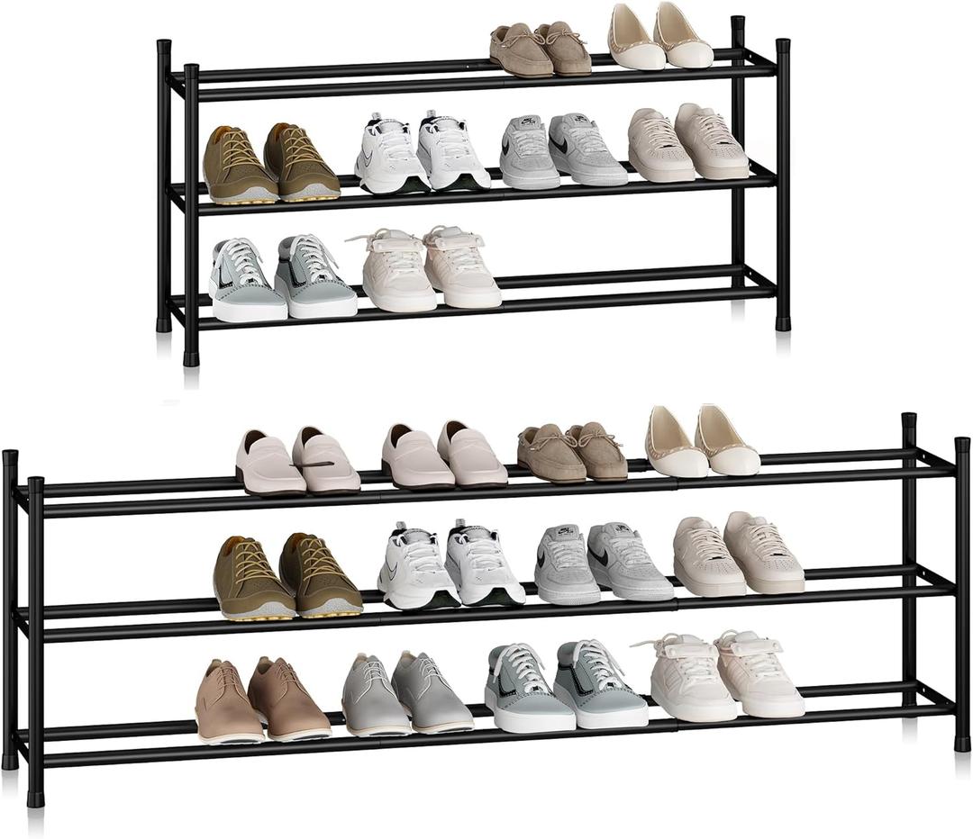STORAGE MANIAC Long Expandable Shoe Rack, 18 Pairs Metal Wide Stackable Shoe Rack, Adjustable Shoes Shelf, Freestanding Shoes Organizer for Closet, Entryway, Hallway, Garage, Front Door, 3 Tiers (Black)