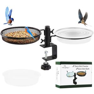 HRAYLTOP Deck Bird Feeders with Metal Mesh Tray and 2 Water Bowls - Detachable Adjustable Heavy Duty Clamp Bracket, Rail Bird Bath Balcony Porch Railing Feeder Perfect for Attracting Birds.