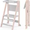 Foldable Toddler Kitchen Tower, JimberBay Wooden Step Stool with 3 Adjustable Heights, Safety Bar, Chalkboard, Easy Assembly, Montessori Toddler Helper Tower for Learning (White)