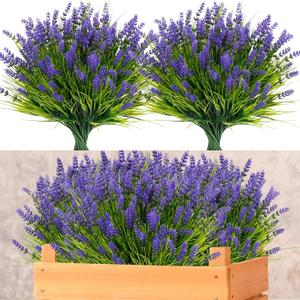 ZINHO 24 Bundles Artificial Flowers Outdoor, Faux Lavender Flowers with Grass UV Resistant Artificial Plants for Outdoor Outside Hanging Planter Window Box Garden Patio Front Porch Decor