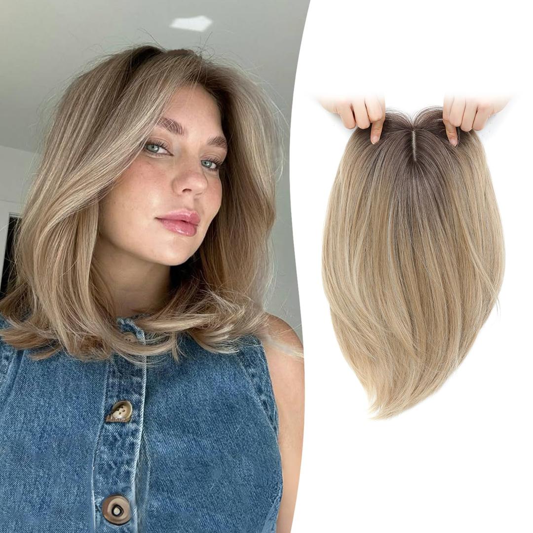 Hair Topper 12inch Clip in Synthetic Hair Toppers for Women with Thinning Hair Lightweight and Breathable 6.5"X6.5" Big Base Toppers Hair Pieces for Women Daily Wear Ombre Blonde with Dark Root
