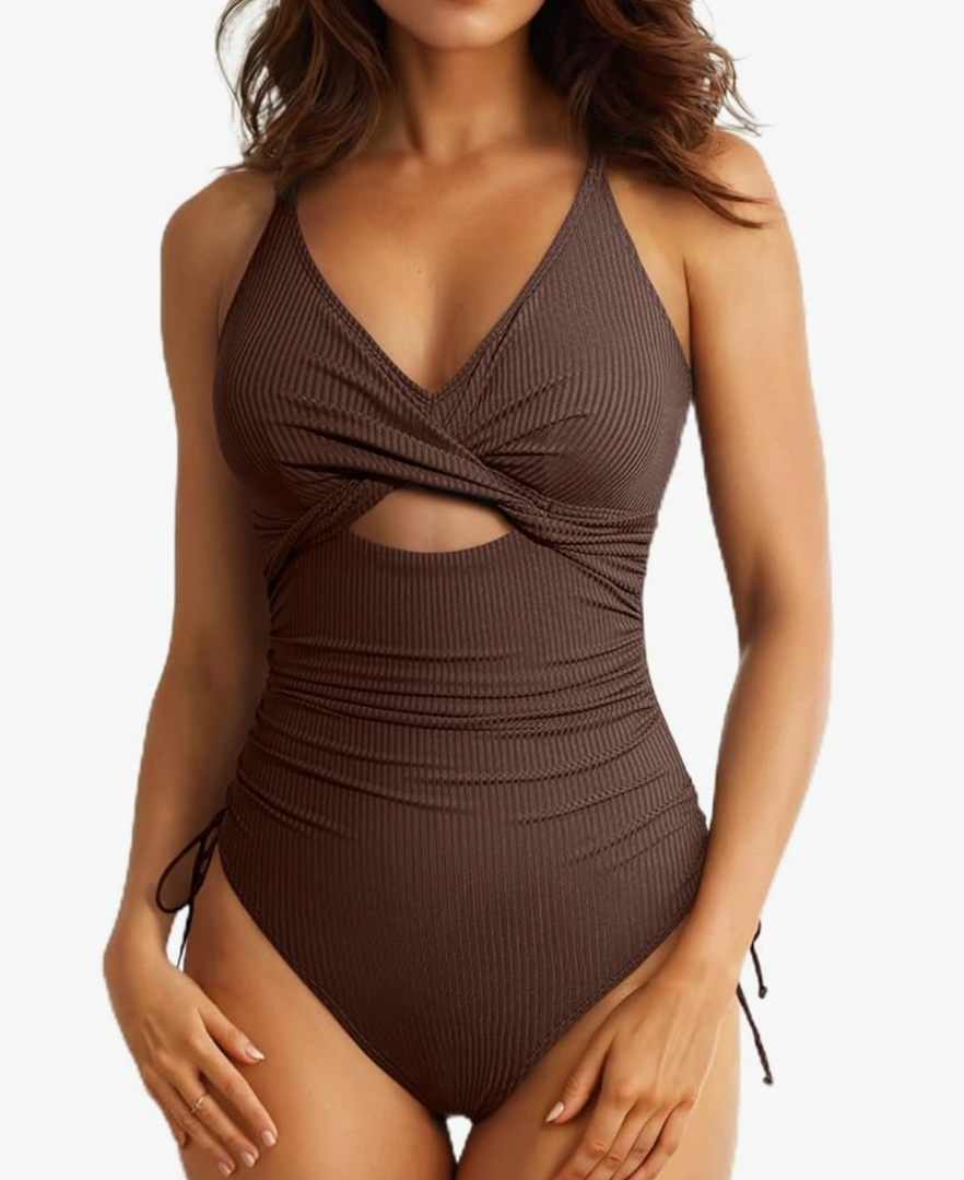 Aleumdr Women's Ribbed One Piece Swimsuit Tummy Control High Cut Bathing Suit Sexy V Neck Criss Cross Monikini Size M