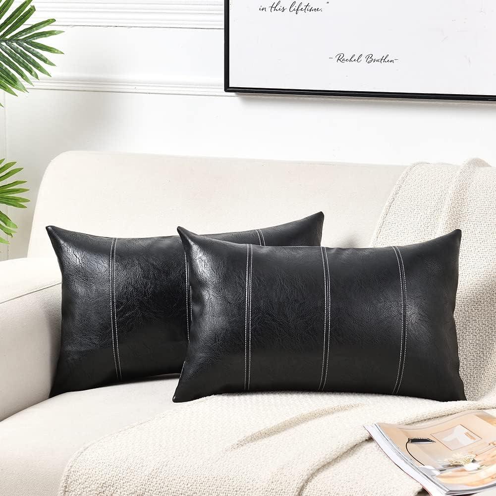 Fancy Homi 2 Packs Black Lumbar Faux Leather Decorative Throw Pillow Covers 12x20 Inch for Living Room Couch Bed Sofa, Boho Farmhouse Home Decor, Hand Stitched Rectangle Cushion Case 30x50 cm
