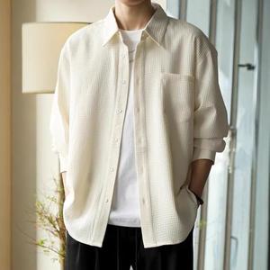 Men's Waffle Knit Shirt Jacket Casual Button Down Lapel Shacket Lightweight Long Sleeve Coat with Pocket No Size, Medium