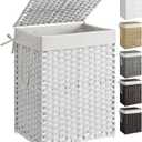 SONGMICS Laundry Hamper with Lid, 23.8 Gallon (90 L) Synthetic Rattan Clothes Laundry Basket with Lid and Handles, Foldable, Removable Liner, Cloud White ULCB51WT