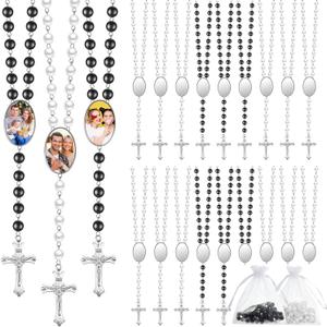 Taiyin Sublimation Blanks Rosary Beads Necklace Set Catholic Rosaries Printable Insert Necklace Prayer Beads with Sheer Organza Bags for Baptism Women Men Jewelry Gifts DIY Making(24 Set)