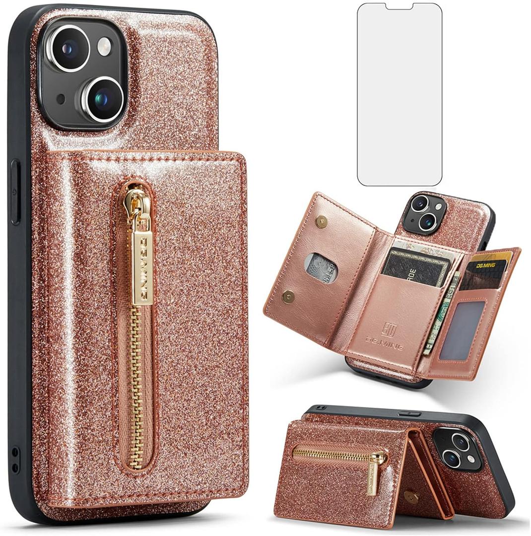 Phone Case for iPhone 14 6.1 inch Wallet Cover with Tempered Glass Screen Protector and Credit Card Holder Slot Glitter Stand Leather Cell iPhone14 5G i i-Phone i14 iPhone14case Women Girls Pink