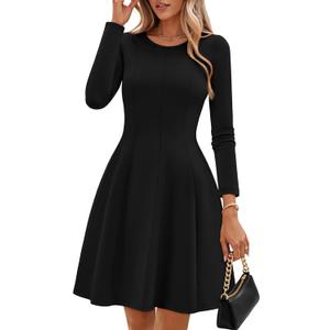 ZESICA Womens Long Sleeve Mini Dress 2026 Fall Crewneck Pleated Babydoll A Line Flowy Wedding Party Short Dresses (Black, L)