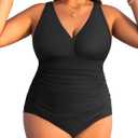 Aqua Eve Women Plus Size One Piece Swimsuits V Neck Tummy Control Bathing Suits Retro Ruched Swimwear Black 20 Plus