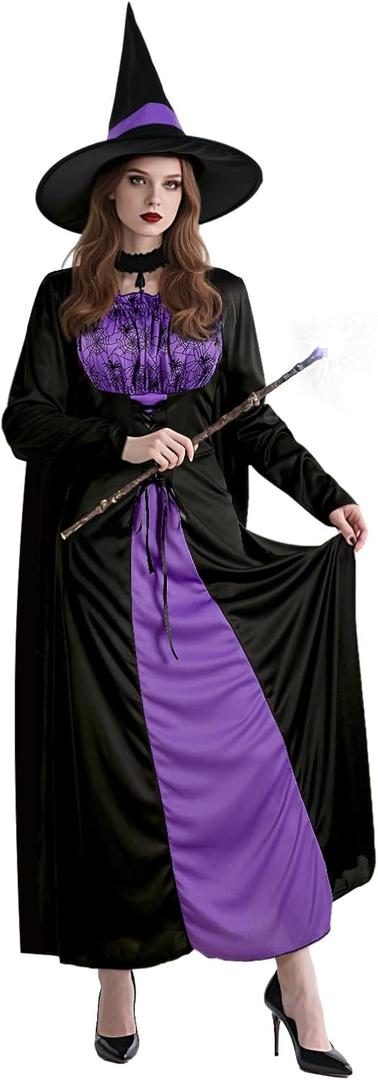 MCJC Wicked Witch Costume for Women, Gothic Sorceress Halloween Party Cosplay Dress with Hat,Sorceress Classic Dress (Small )