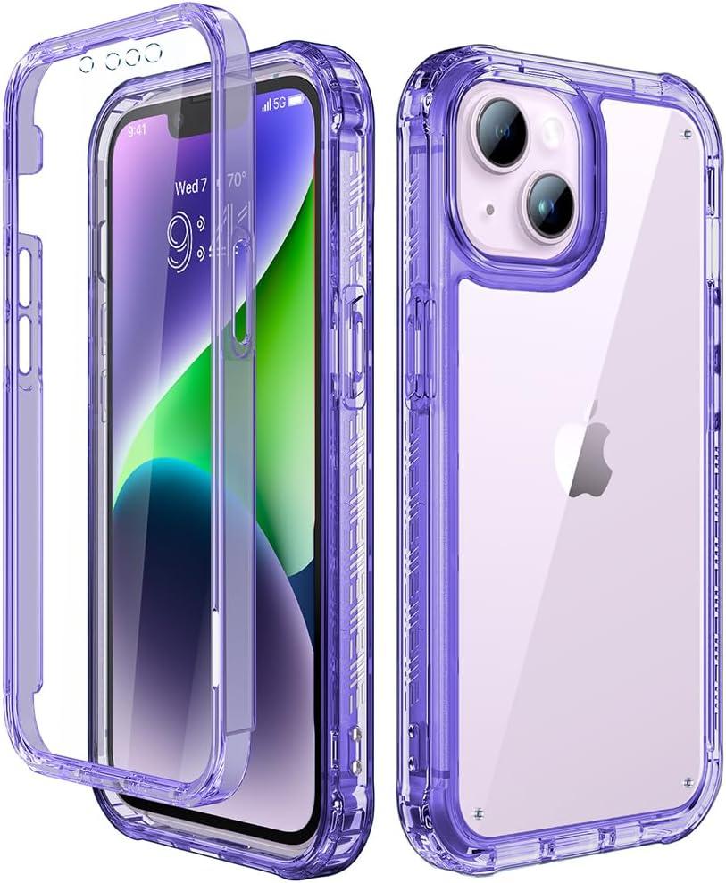 Lifedance Designed for iPhone 14/iPhone 13, Full-Body Rugged Protective Case with Built-in Screen Protector, 10 FT Military Grade Drop Protection Heavy Duty Shockproof Case, Clear Purple