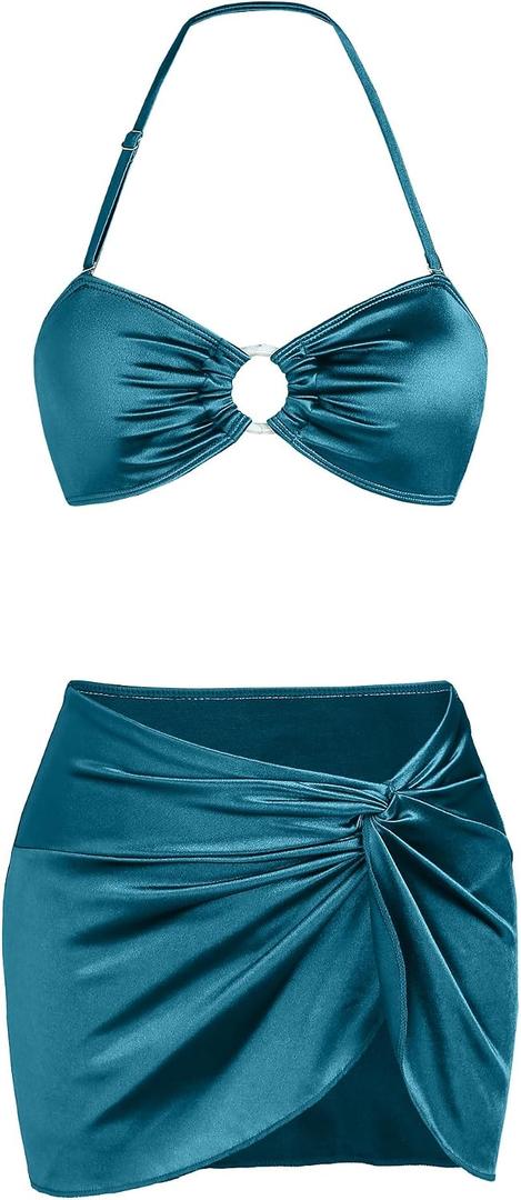 Ruched 3 Piece Swimsuits for Women Ribbed Velvet Bikini Sets with Sarong Coverup Metal Ring Bathing Suit (Blue, S)