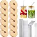 Cunhill 27 Pcs 70mm Bamboo Jar Lids Set with Straw Hole for Glass Cups Reusable 2.76 Inch Wooden Lids with Silicone Ring Stainless Straw and Brushes for Beer Can Cups Regular Mouth Drinking Jars