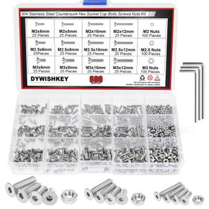 DYWISHKEY 600 PCS Metric M2 M2.5 M3, 304 Stainless Steel Flat Head Countersunk Socket Cap Bolts Screws Nuts Assortment Kit with Hex Wrenches