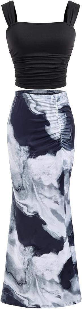 Women's 2 Piece Going Out Outfits Elegant Ruched Crop Top and Tie Dye Fishtail Maxi Skirt Set