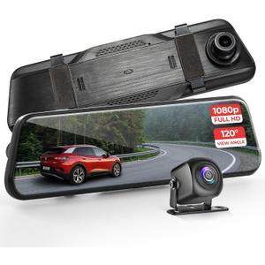 Pyle Dual Dash Cam Rearview Mirror, 1080p Full HD Front and Rear Car Camera with Night Vision, G-Sensor, Loop Recording, 9.66 Touchscreen, Backup Cam, Motion Detection, Wide-Angle Lens, 12" x 2" x 3"