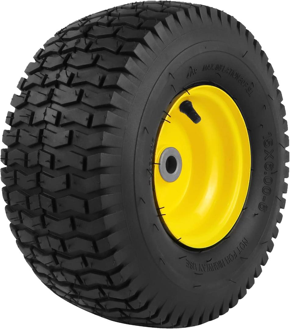 1PCS 15x6.00-6 Lawn Mower Tires, 4 Ply Tubeless 15x6-6 Front Tire Assembly Replacement for Craftsman/John Deere/Cub Cadet Riding Mowers,570lbs Capacity,3" Offset Hub,3/4" Bushing