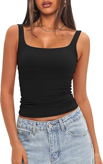 Darong Women's Padded Square Neck Tank Tops Summer Double Layer Basic Sleeveless Tank Shirts Built in Bra
(Large, Black)