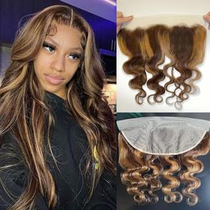 AUROO Honey Blonde Highlight Body Wave 13x4 Frontal Human Hair 20 In, 100% 12A Brazilian Virgin Ombre Brown Transparent Lace Frontal Closure Pre Plucked with Baby Hair P4/27 Balayage Wavy Hair Remy