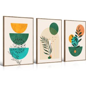 Large Canvas Wall Art Set of 3 Framed Boho Wall Art Mid Century Modern Wall Prints Yellow Green Moon Plant Desert Nature Illustrations Artwork, Minimalist Boho Wall Decor for Living Room 16x24in