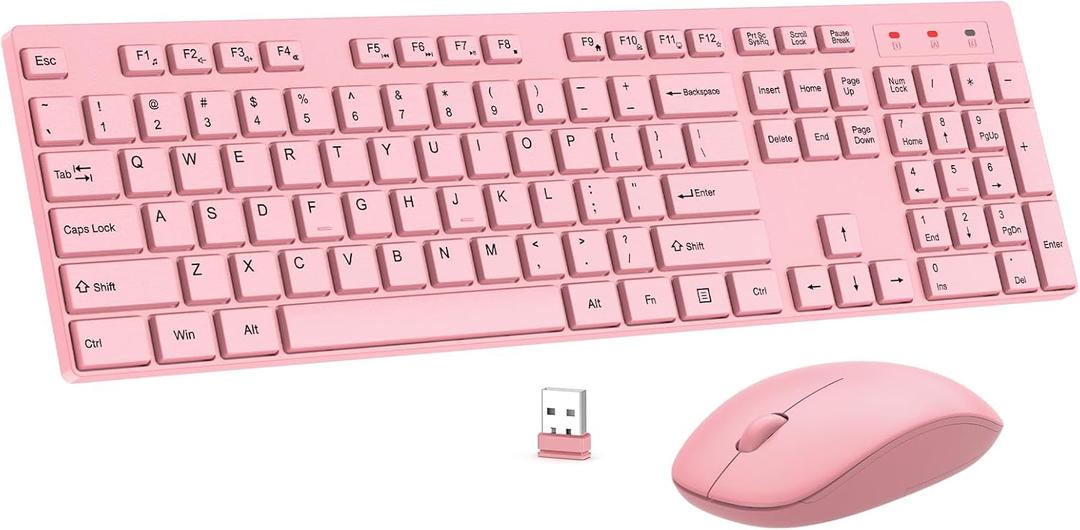Wireless Keyboard and Mouse Combo, EDJO Silent Full Size Cordless USB Keyboard Mouse, 2.4GHz Lag-Free, Long Battery Life, for Computer, Laptop, PC, Chromebook, Windows (Pink, Pack of 1)