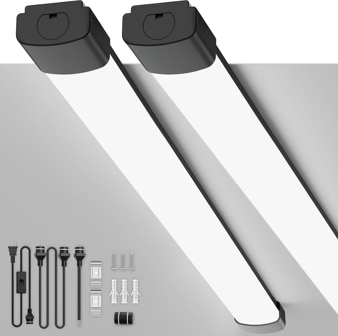 LED Garage Lights 4FT 2PCS Linkable Plug in Ceiling Light Fixture, 5000K Workbench Tube Light with Switch, 36W Overhead Light Bar for Room Shop Cabinet Closet Kitchen, IP65 Waterproof, Black