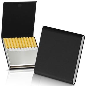 Portable Slim Leather Cigarette Case for Hold 10 Regular Size - One-Hand Operate Leather Stainless Steel Cigarette Case Box for Men and Women, Black