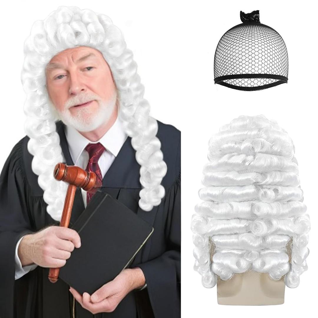 JoneTing Men White Colonial Judge Wig +Hair Cap Lawyer Wig Long Curly Hair for Men Powdered Peluca Blanca for Halloween Costume Funny White Judge Wigs for Christmas Party