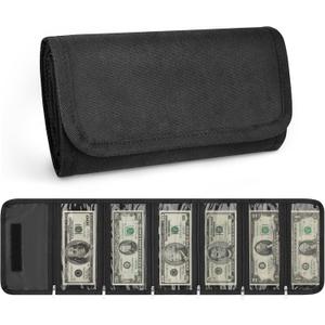 Money Organizer, Money Organizer for Cash with 6 Zippered Pocket Black Cash Wallet Storage for Travel Currencies Receipts Bills, Envelope Budgeting for Kids, 8 x 4 x 1 inches