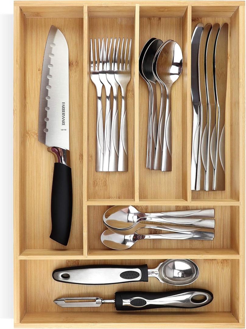 Pristine Bamboo Silverware tray organizer Flatware Utensil Cutlery Silverware Holder for Drawer Small Extra-Deep Wooden Kitchen Drawer Organizer Divider for Spoons Forks Knives cutleries (6-Slots)