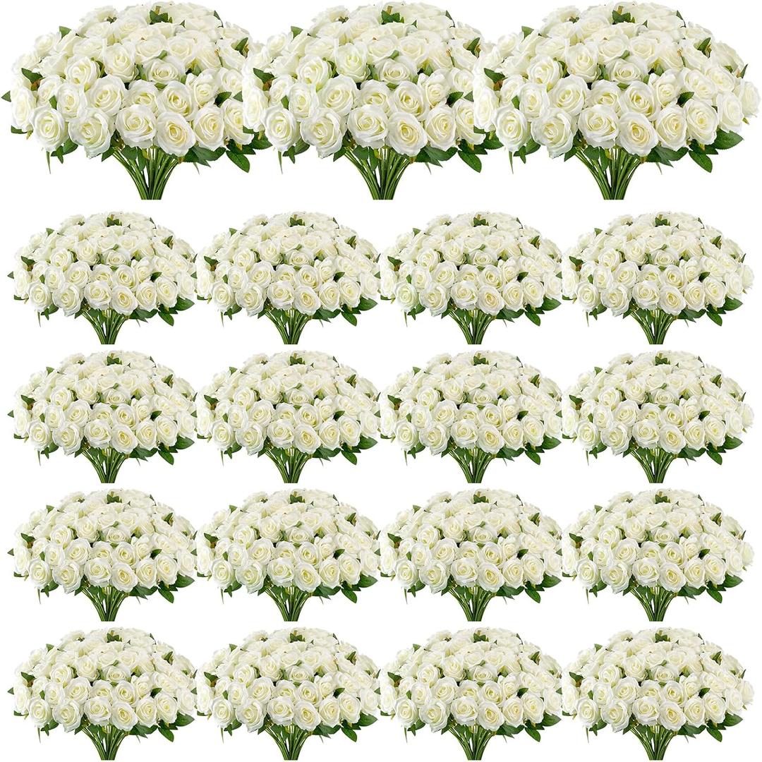 VZZNN 180 Pcs Artificial White Roses Bulk, Realistic Silk Fake Rose Flowers with Long Stems for Wedding Centerpieces, Bridal Bouquets, Party, and Home Decoration (White)