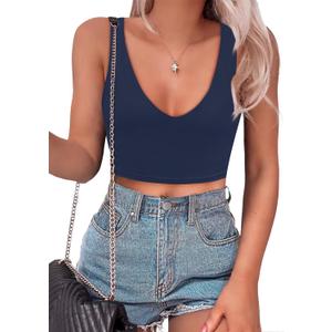 SAUNGKUAI Womens Summer Slim Fitted Sexy Deep V Neck Sleeveless Backless Double Lined Crop Tank Tops (Small)