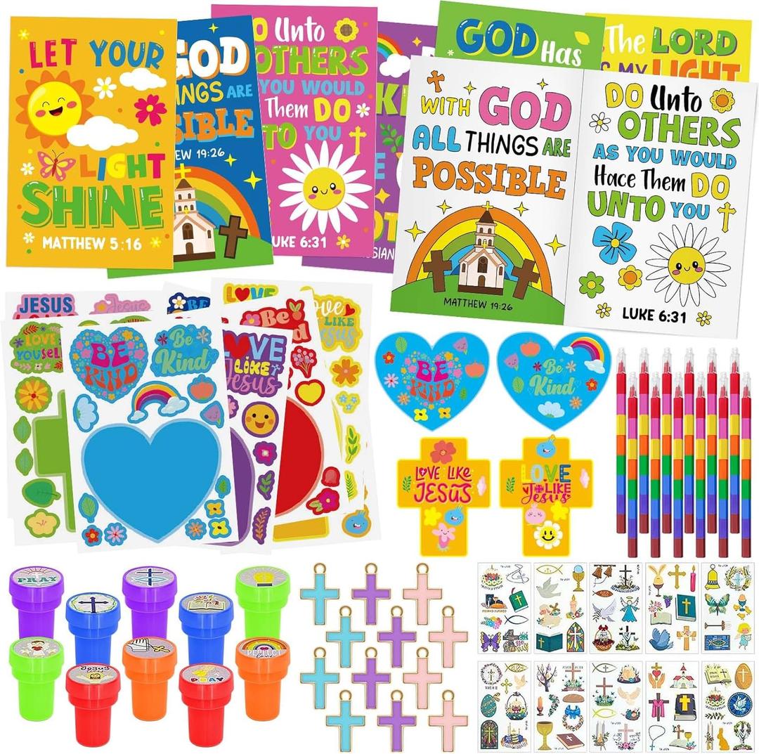 Cinrobiye 72 PCS Bible Coloring Books Party Favors Set Religious Party Favors Goodie Bag Fillers Christian Birthday Party Supplies DIY Scene Sticker Temporary Tattoo Crafts for Sunday School Church