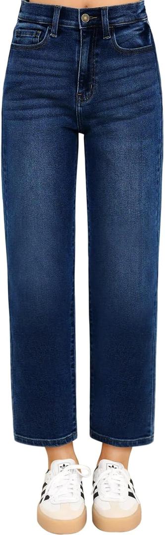 KDF Women's Cropped Straight Leg Jeans - High Waisted Jeans for Women 7/8 Length Denim Pants with Crop Hem (4, #0923_deep Blue)