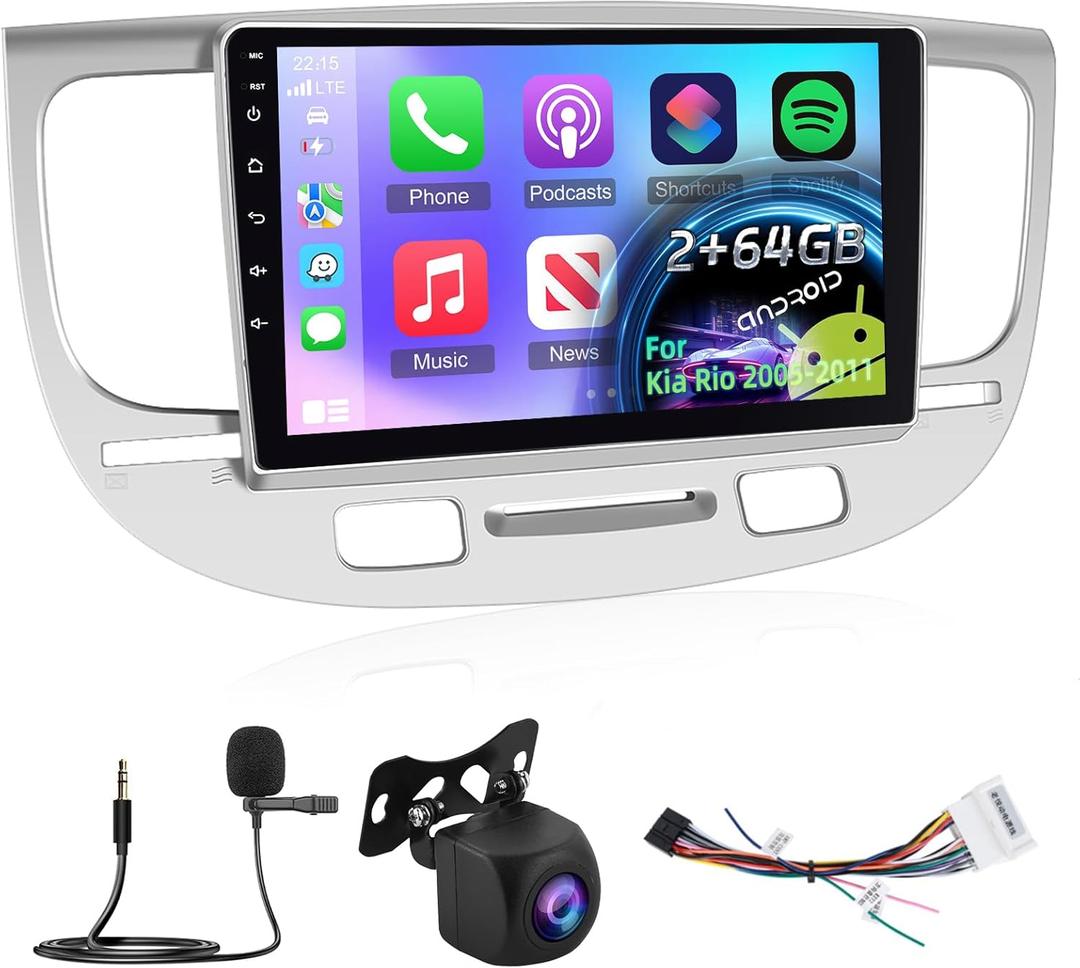 NHOPEEW Android Radio for Kia Rio 2005-2011: [2+64G] 9 inch Touchscreen Aftermarket Kia Stereo with Wireless Carplay and Android Auto, WiFi, DSP, WiFi, GPS, Mirror Link, SWC + AHD Backup Camera