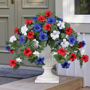 HyeFlora Artificial Flowers for Outdoors 2PCS Spring Faux Morning Glory Look Real Silk Flowers for Outside Planter UV Resistant Fake Flowers for Home Garden Balcony Yard Porch Deco (RedBlueWhite)